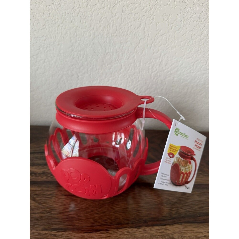 Ecolution Micro-Pop Microwave Popcorn Popper 1.5 Qt Red/Glass New with Tag